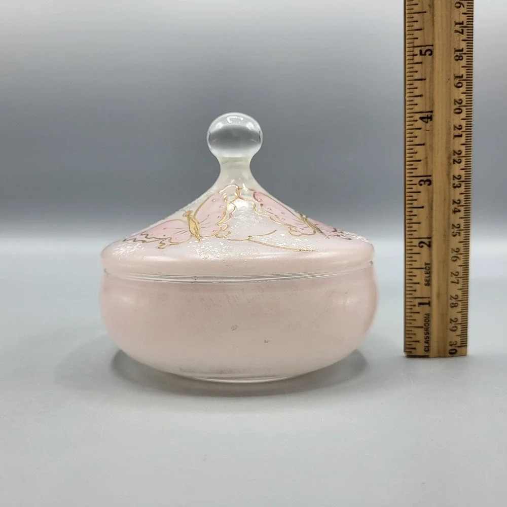 Butterfly Trinket Dish Vanity Jar Frosted Pink Glass Gold Accents Hand Painted